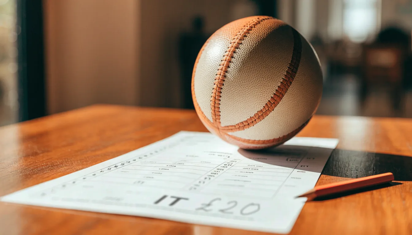 Un pallone da calcio appoggiato su una schedina bianca su un tavolo di legno, alla luce del giorno