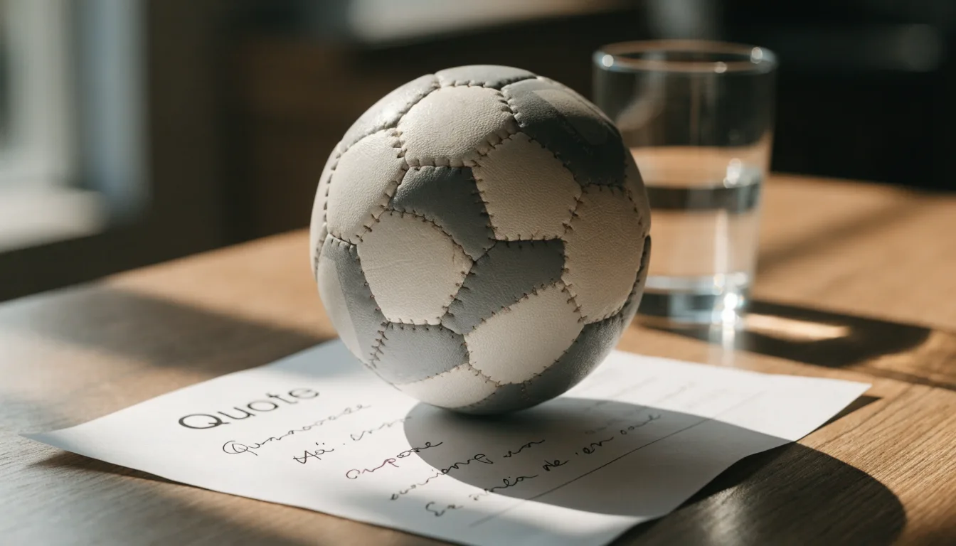 Un pallone da calcio appoggiato su una schedina bianca su un tavolo di legno, alla luce del giorno