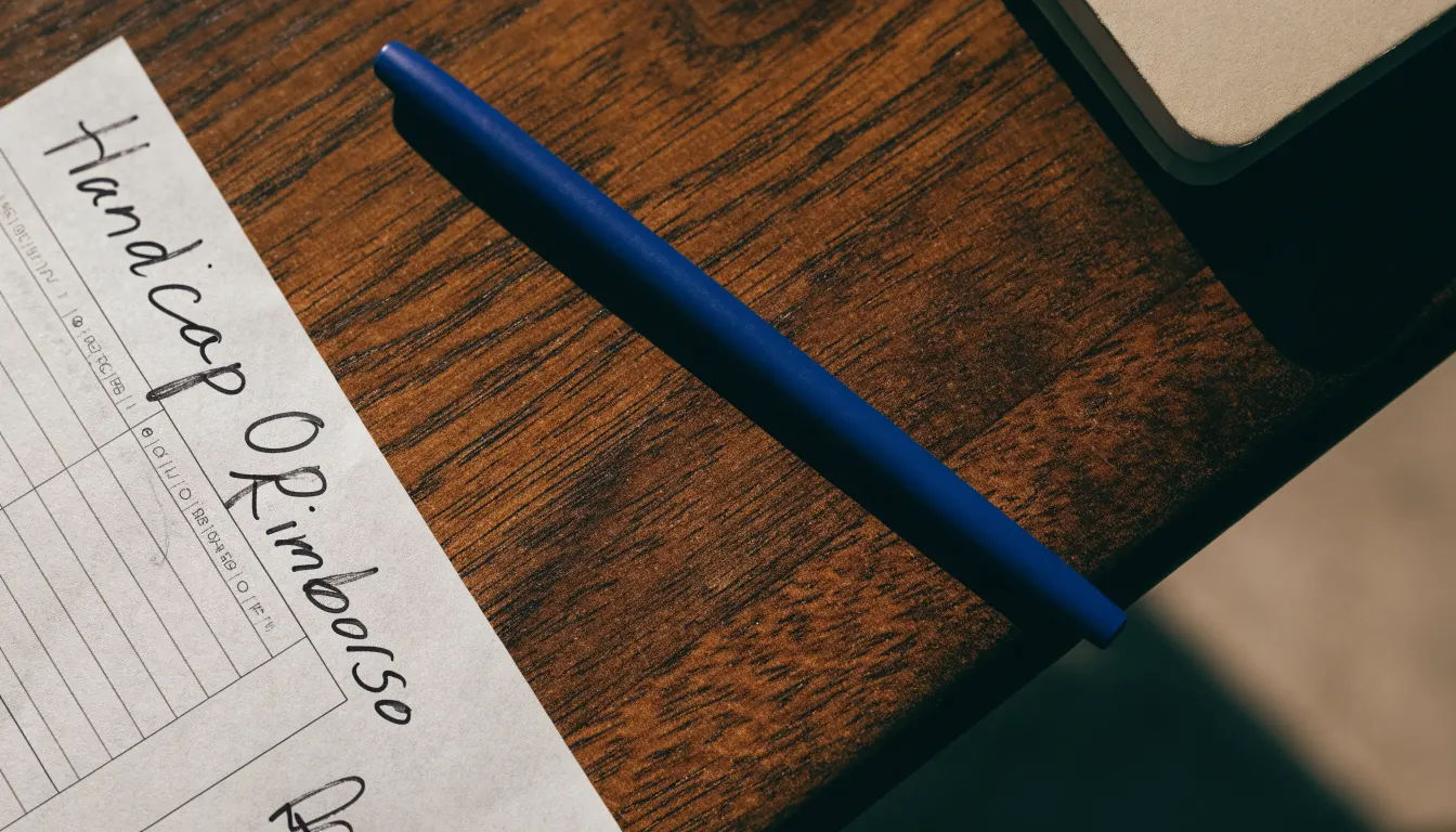 Un foglio di concessione in carta con un timbro rosso, appoggiato su una scrivania di legno accanto a una penna