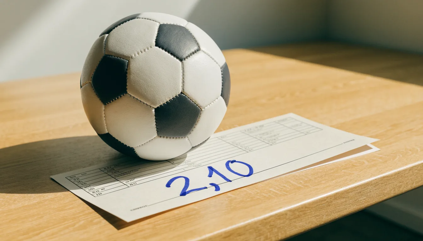 Un pallone da calcio appoggiato su una schedina bianca su un tavolo di legno, alla luce del giorno