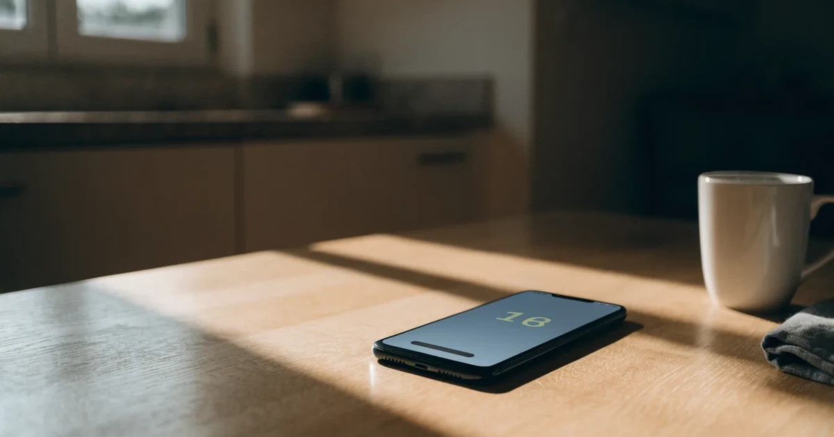 Un documento di identità appoggiato accanto a uno smartphone con un timer sullo schermo, su un tavolo da cucina