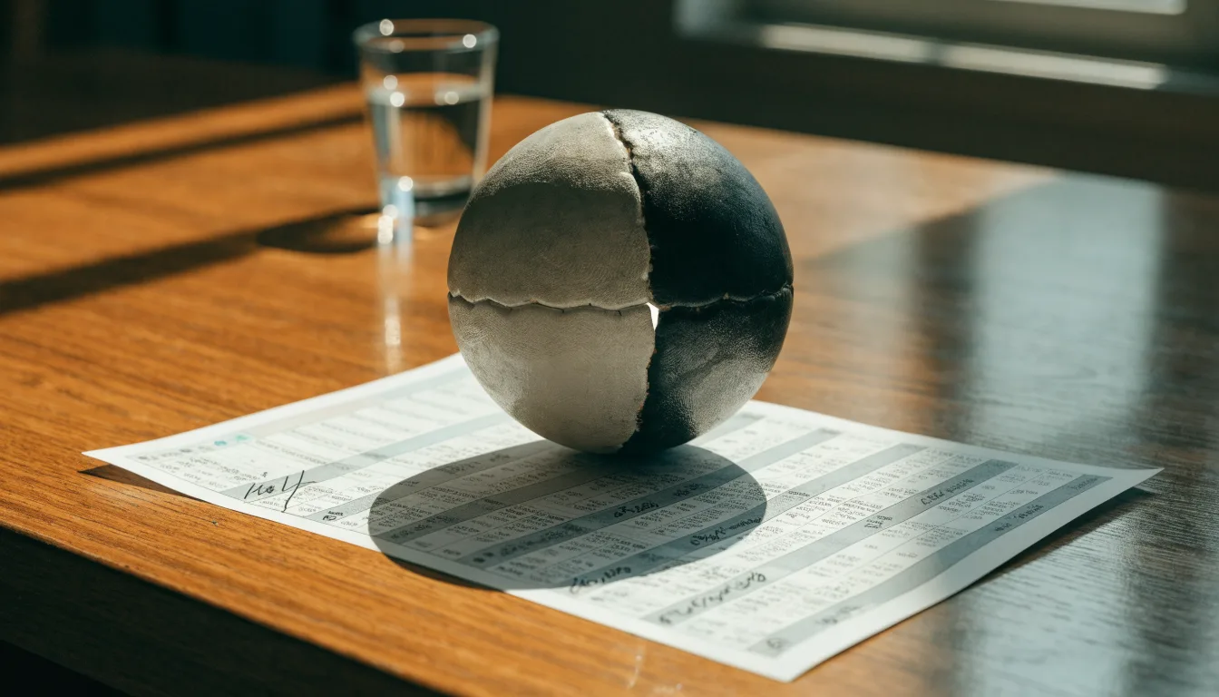 Un pallone da calcio appoggiato su una schedina bianca su un tavolo di legno, alla luce del giorno