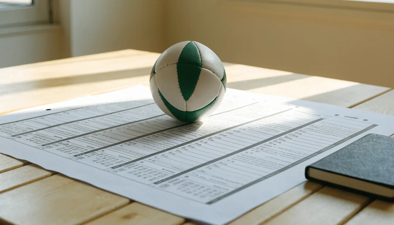 Un pallone da calcio appoggiato su una schedina bianca su un tavolo di legno, alla luce del giorno