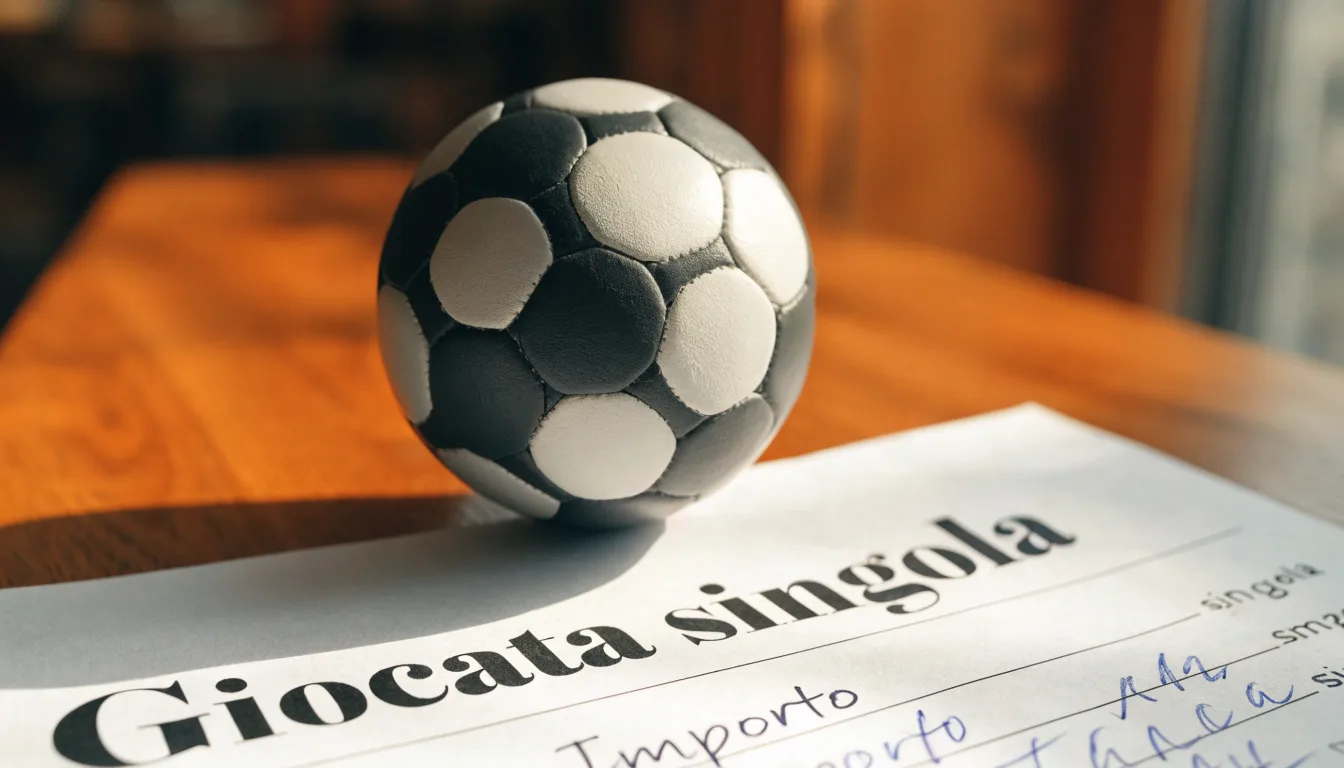 Un pallone da calcio appoggiato su una schedina bianca su un tavolo di legno, alla luce del giorno