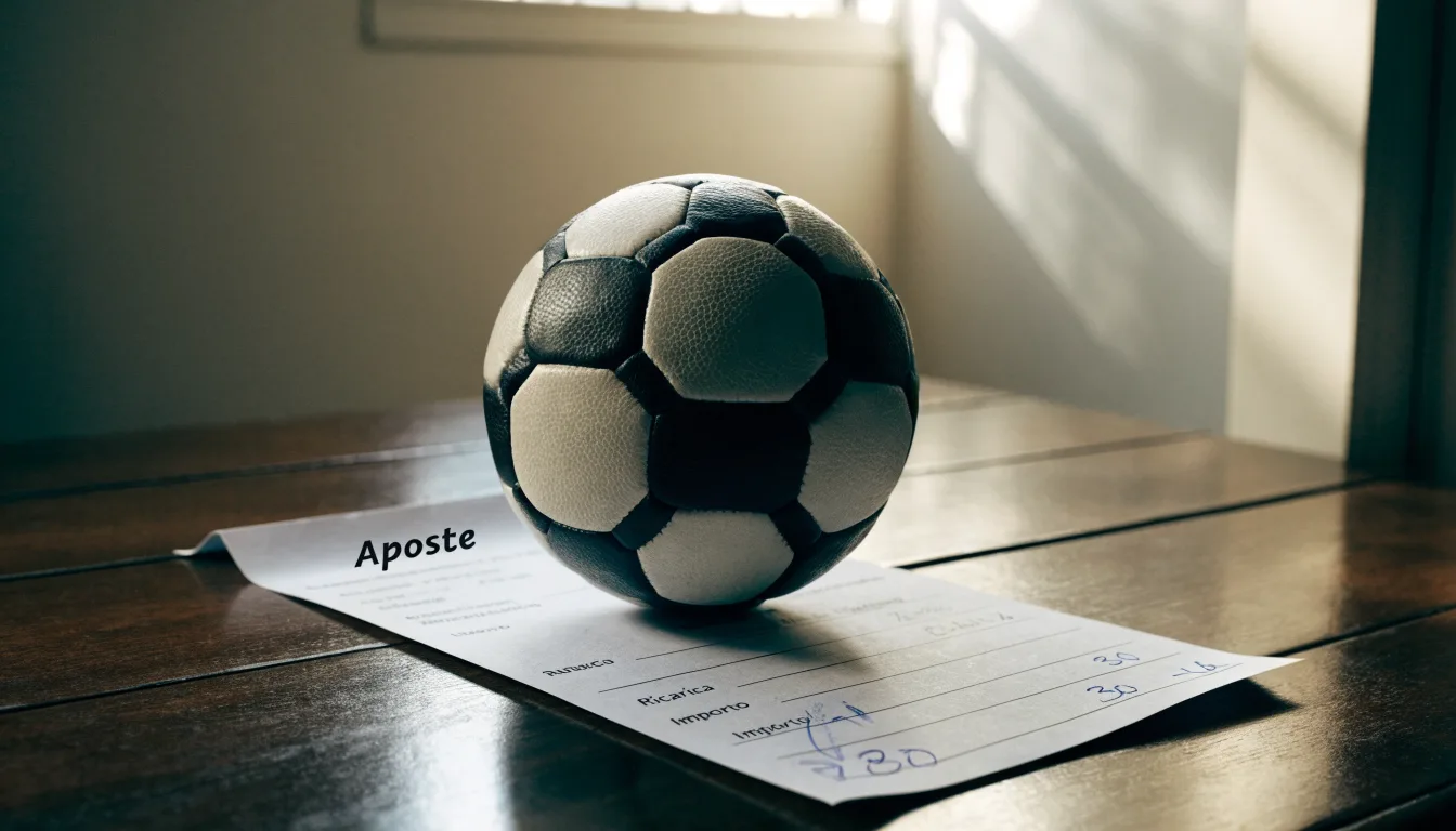 Un pallone da calcio appoggiato su una schedina bianca su un tavolo di legno, alla luce del giorno