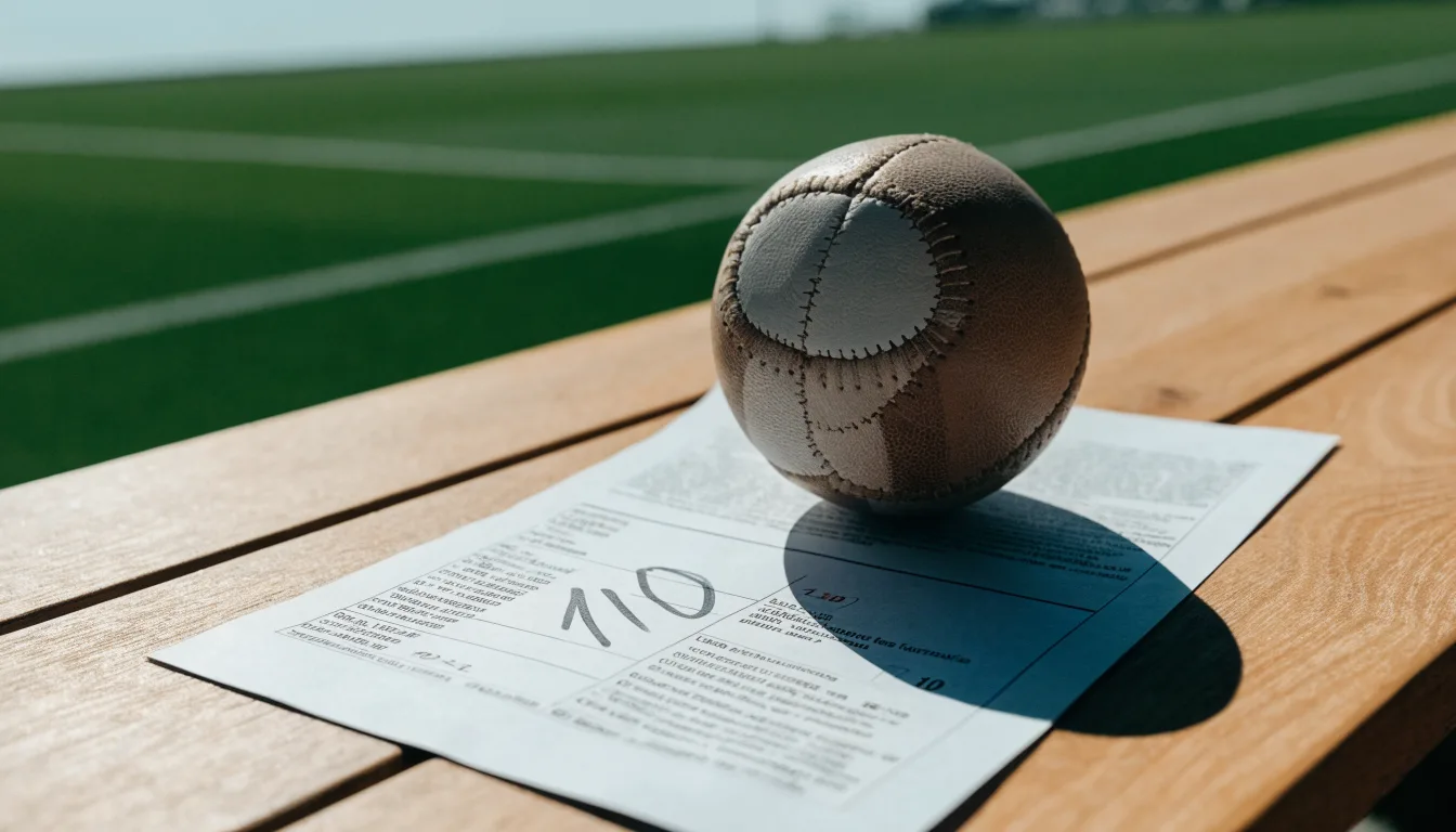 Un pallone da calcio appoggiato su una schedina bianca su un tavolo di legno, alla luce del giorno
