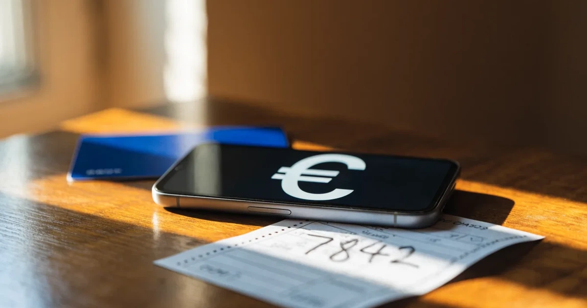 Uno smartphone e una carta di pagamento affiancati su un tavolo di legno, con alcune banconote da euro accanto