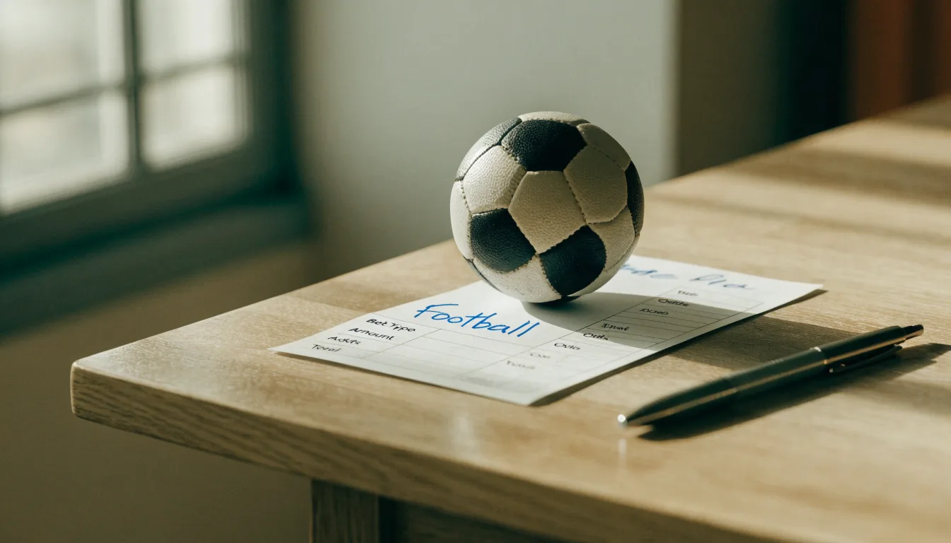 Un pallone da calcio appoggiato su una schedina bianca su un tavolo di legno, alla luce del giorno