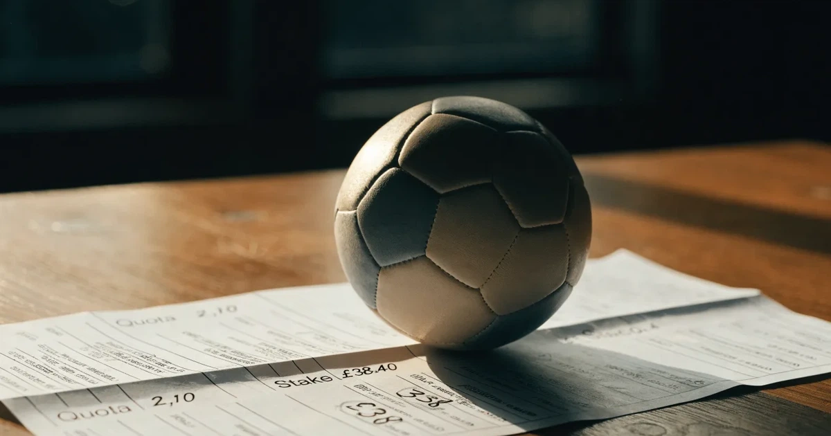 Un pallone da calcio appoggiato su una schedina bianca su un tavolo di legno, alla luce del giorno