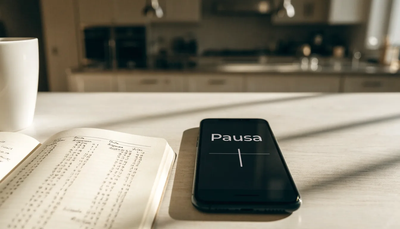 Un documento di identità appoggiato accanto a uno smartphone con un timer sullo schermo, su un tavolo da cucina