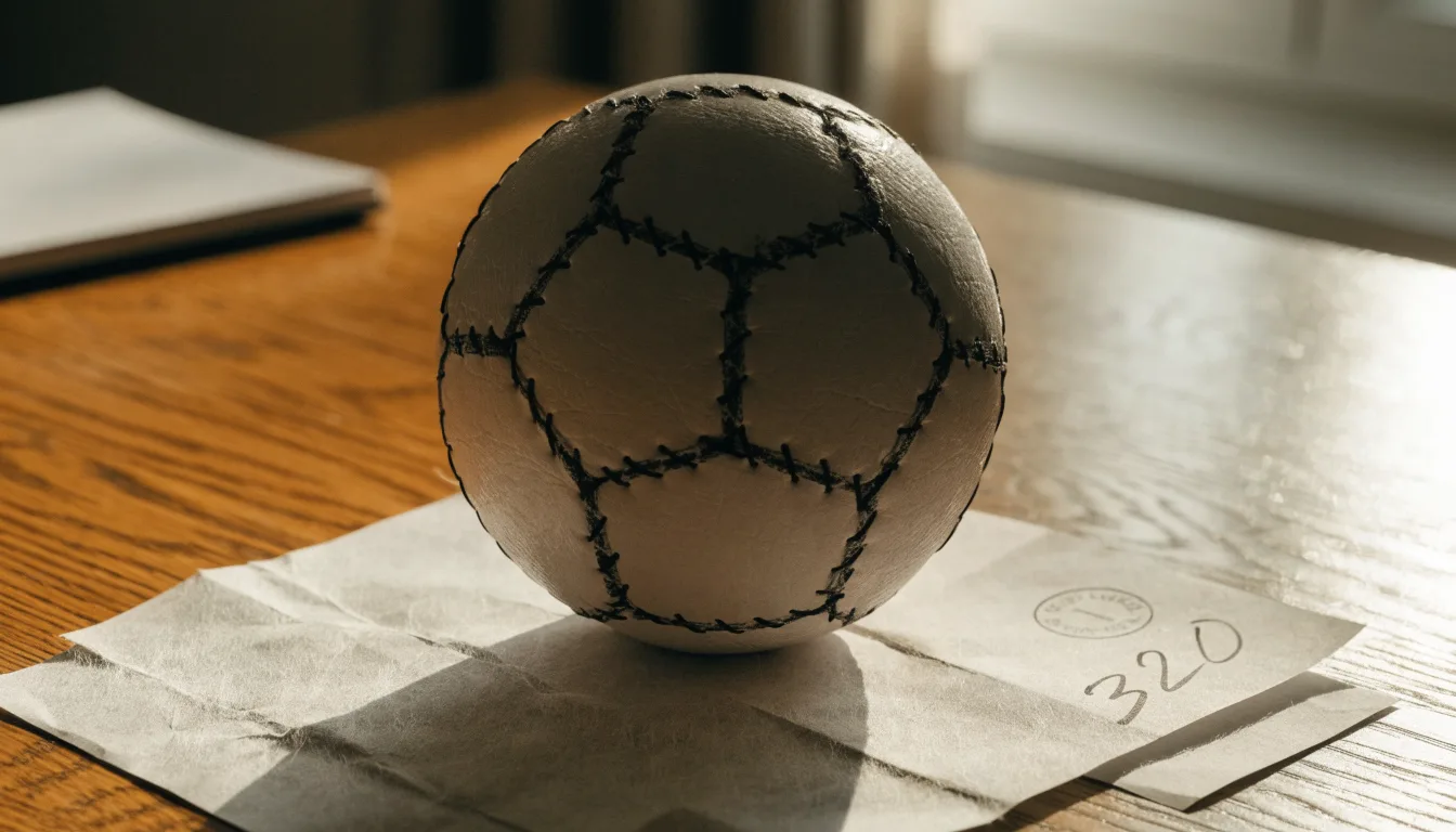 Un pallone da calcio appoggiato su una schedina bianca su un tavolo di legno, alla luce del giorno