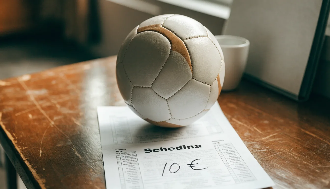 Un pallone da calcio appoggiato su una schedina bianca su un tavolo di legno, alla luce del giorno