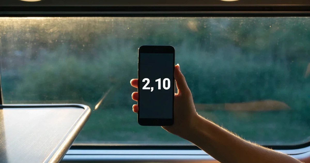 Una mano che tiene uno smartphone con una scommessa sullo schermo, su un treno nel tardo pomeriggio