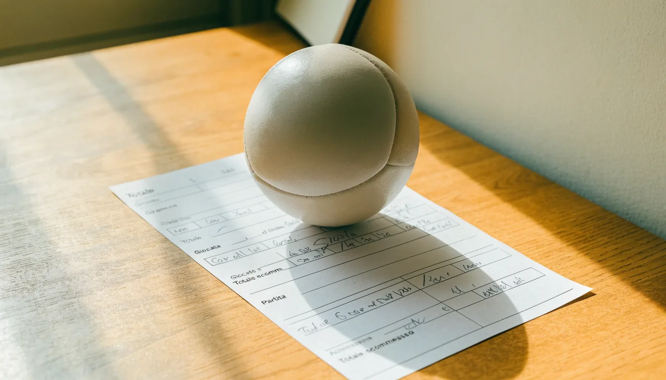 Un pallone da calcio appoggiato su una schedina bianca su un tavolo di legno, alla luce del giorno