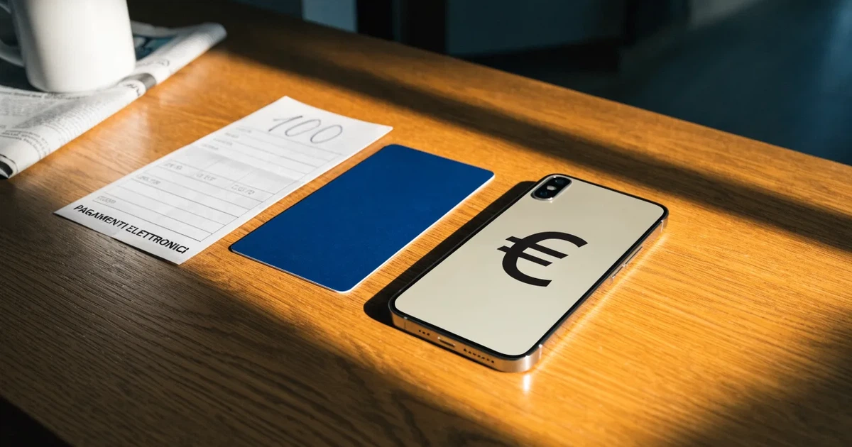Uno smartphone e una carta di pagamento affiancati su un tavolo di legno, con alcune banconote da euro accanto