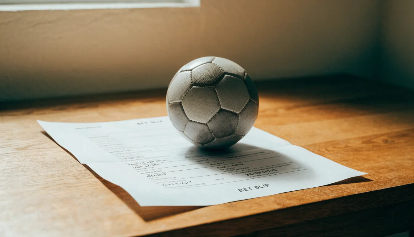 Un pallone da calcio appoggiato su una schedina bianca su un tavolo di legno, alla luce del giorno