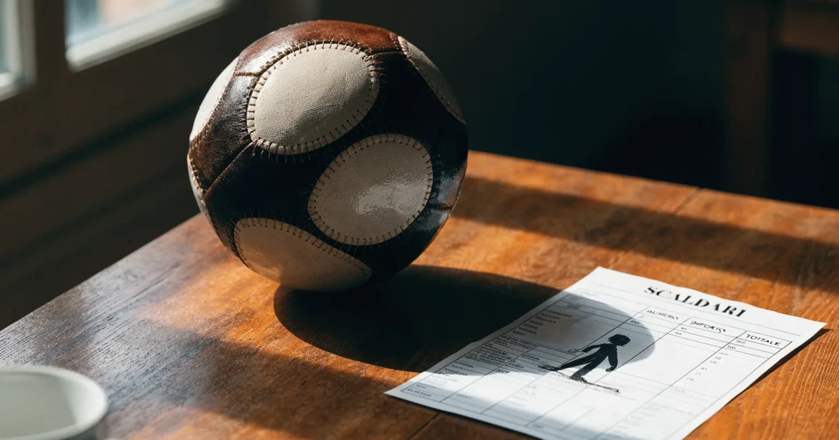 Un pallone da calcio appoggiato su una schedina bianca su un tavolo di legno, alla luce del giorno