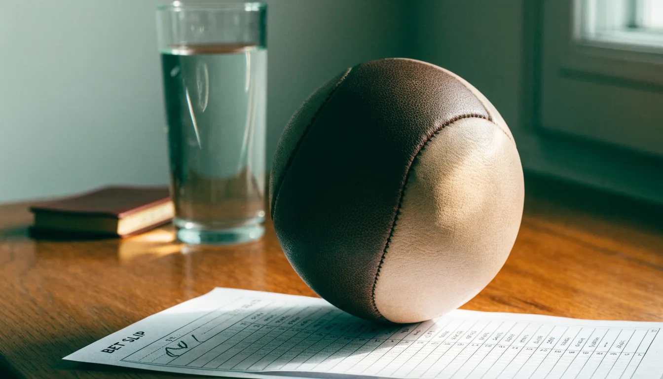 Un pallone da calcio appoggiato su una schedina bianca su un tavolo di legno, alla luce del giorno