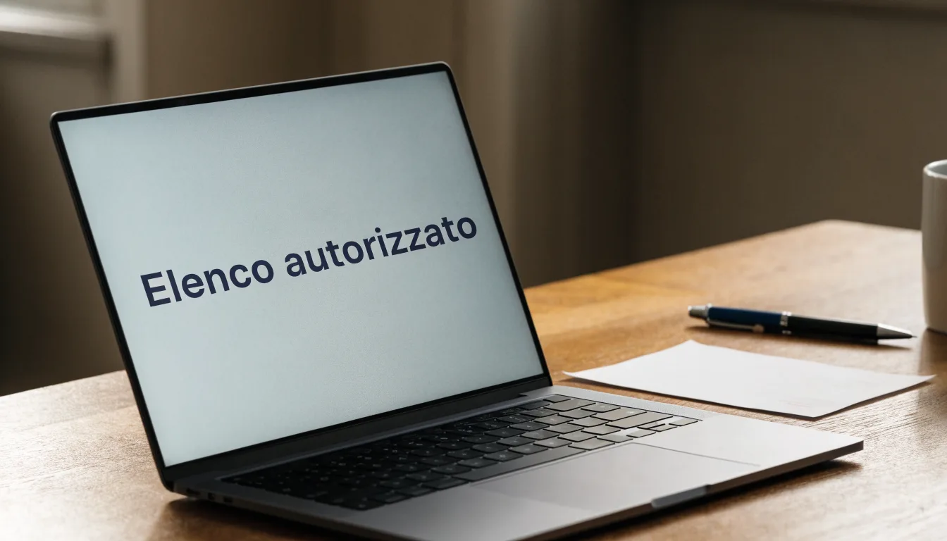 Un foglio di concessione in carta con un timbro rosso, appoggiato su una scrivania di legno accanto a una penna