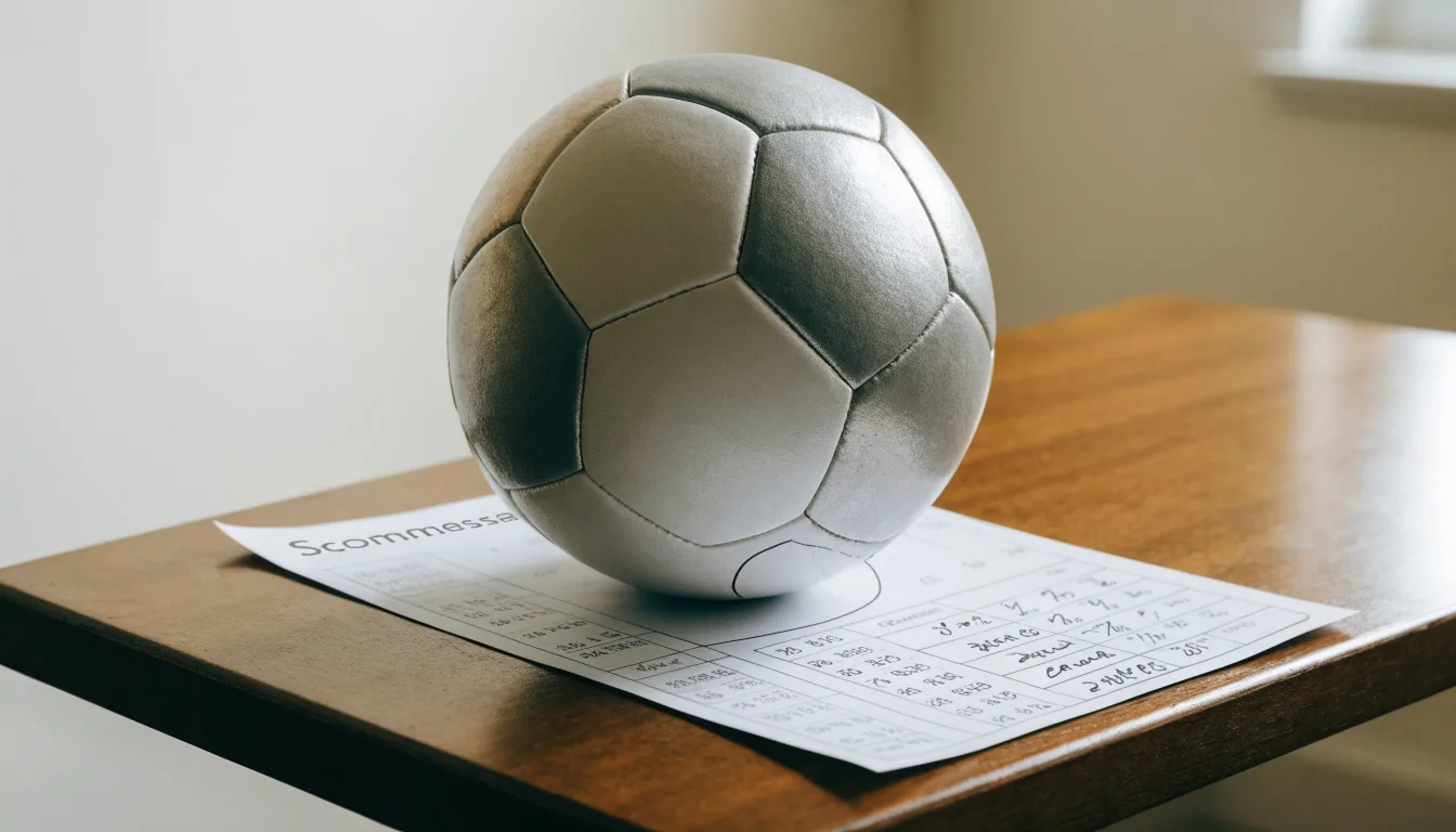 Un pallone da calcio appoggiato su una schedina bianca su un tavolo di legno, alla luce del giorno