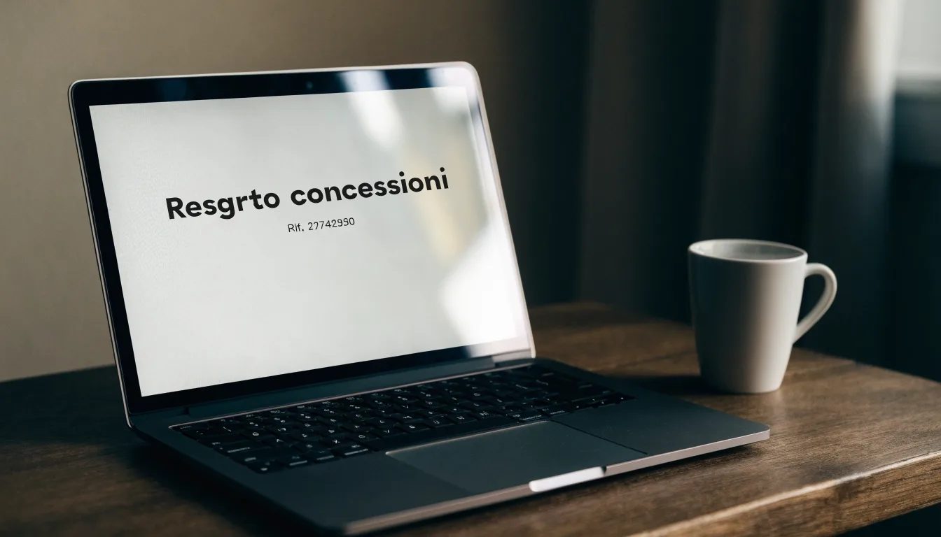 Un foglio di concessione in carta con un timbro rosso, appoggiato su una scrivania di legno accanto a una penna