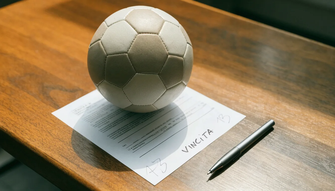 Un pallone da calcio appoggiato su una schedina bianca su un tavolo di legno, alla luce del giorno