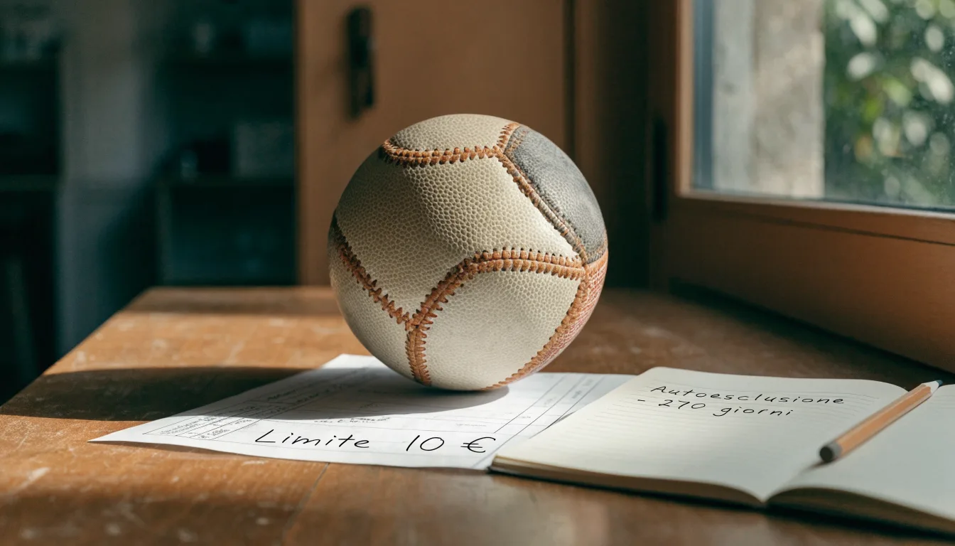 Un pallone da calcio appoggiato su una schedina bianca su un tavolo di legno, alla luce del giorno