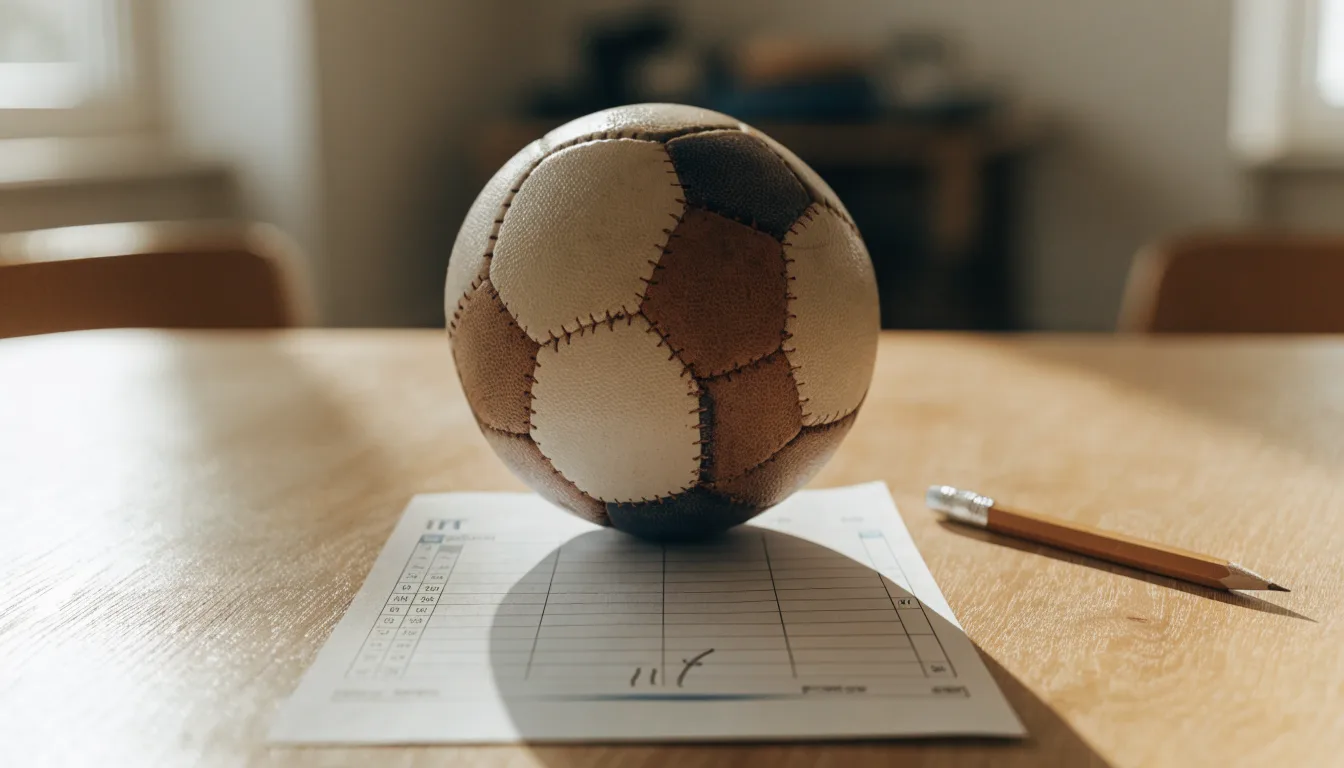 Un pallone da calcio appoggiato su una schedina bianca su un tavolo di legno, alla luce del giorno
