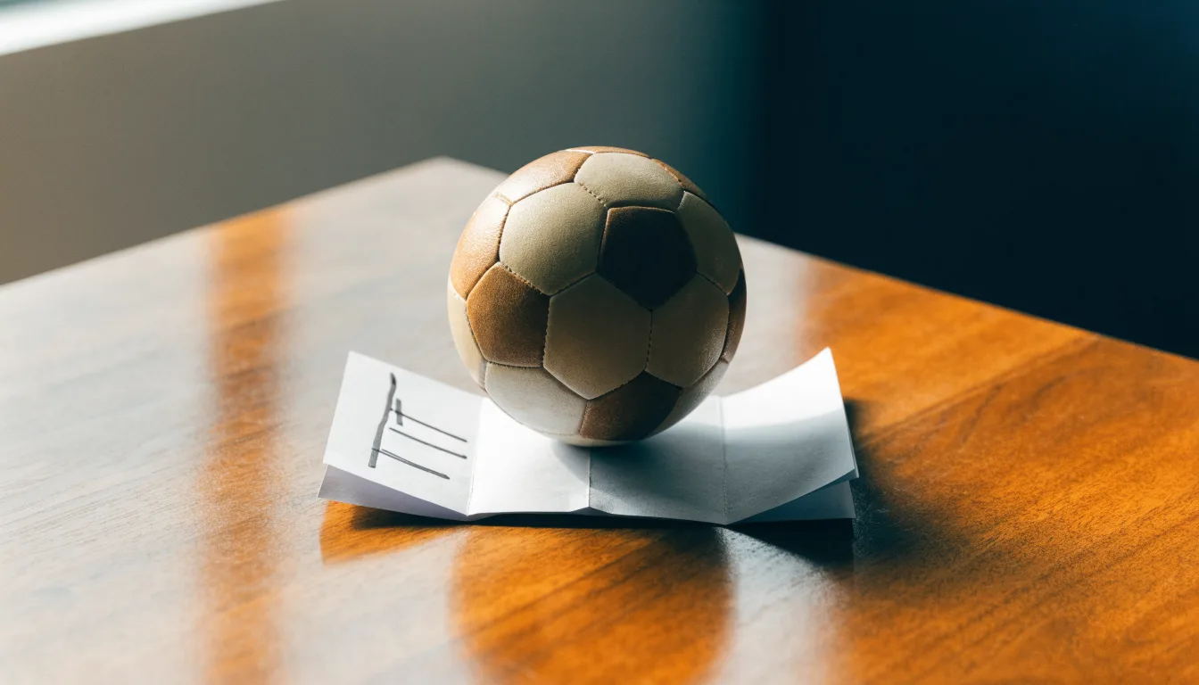Un pallone da calcio appoggiato su una schedina bianca su un tavolo di legno, alla luce del giorno
