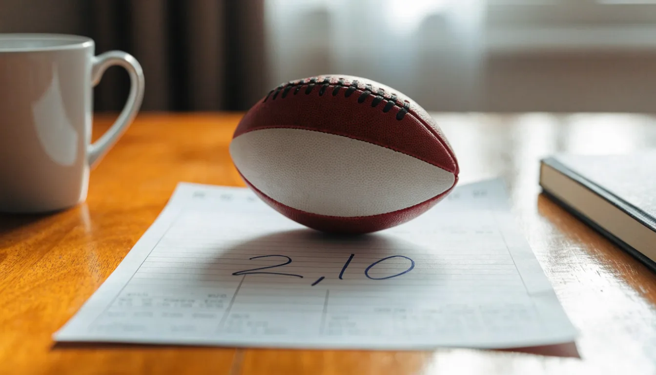 Un pallone da calcio appoggiato su una schedina bianca su un tavolo di legno, alla luce del giorno