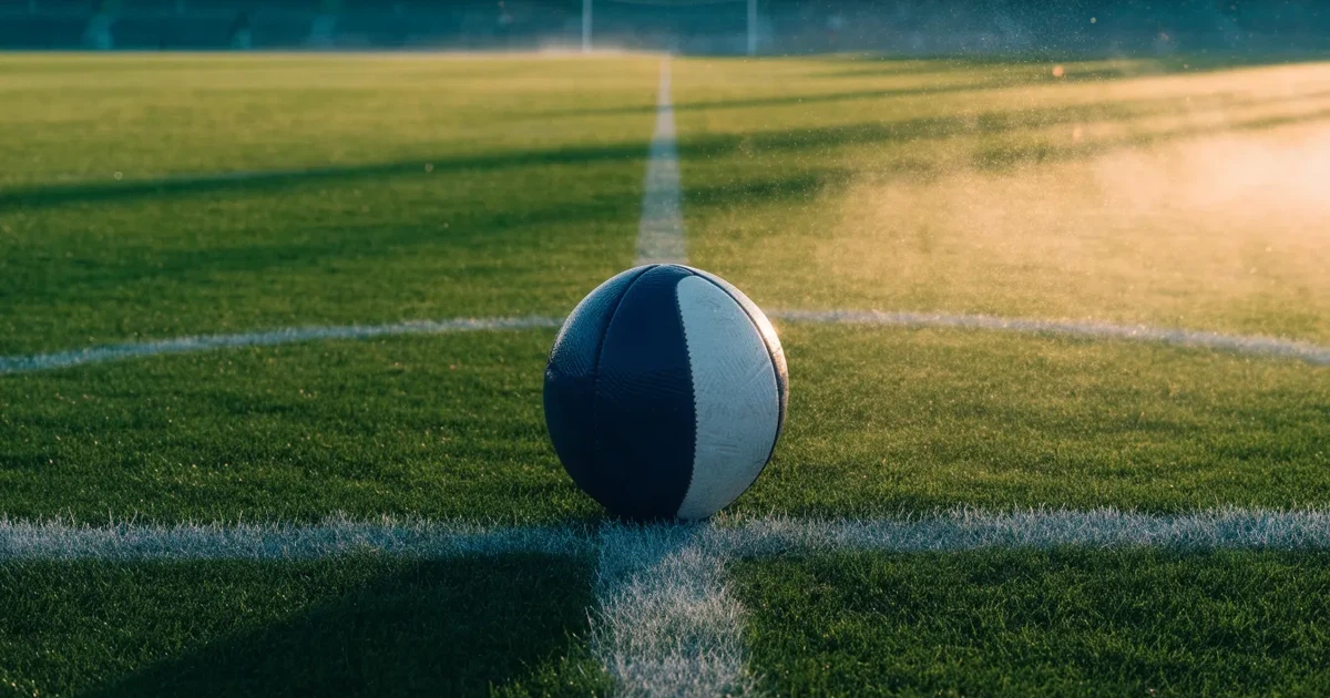 Un pallone da calcio sul dischetto del centrocampo di un prato, alla luce del mattino