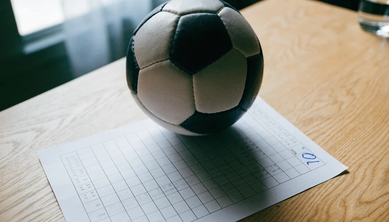 Un pallone da calcio appoggiato su una schedina bianca su un tavolo di legno, alla luce del giorno