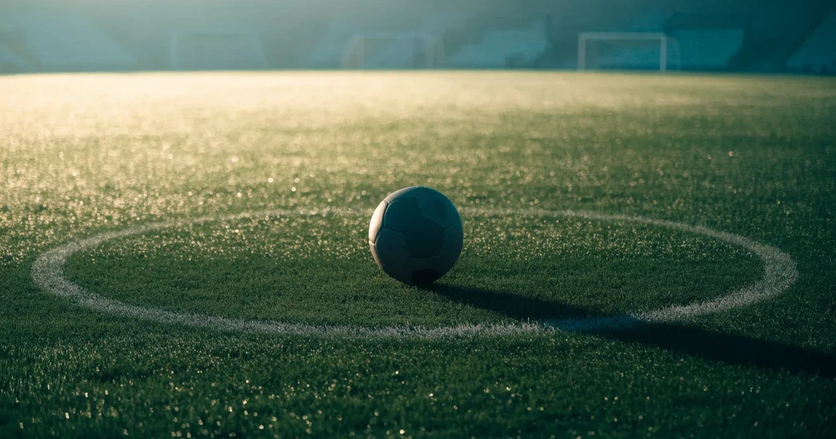 Un pallone da calcio sul dischetto del centrocampo di un prato, alla luce del mattino