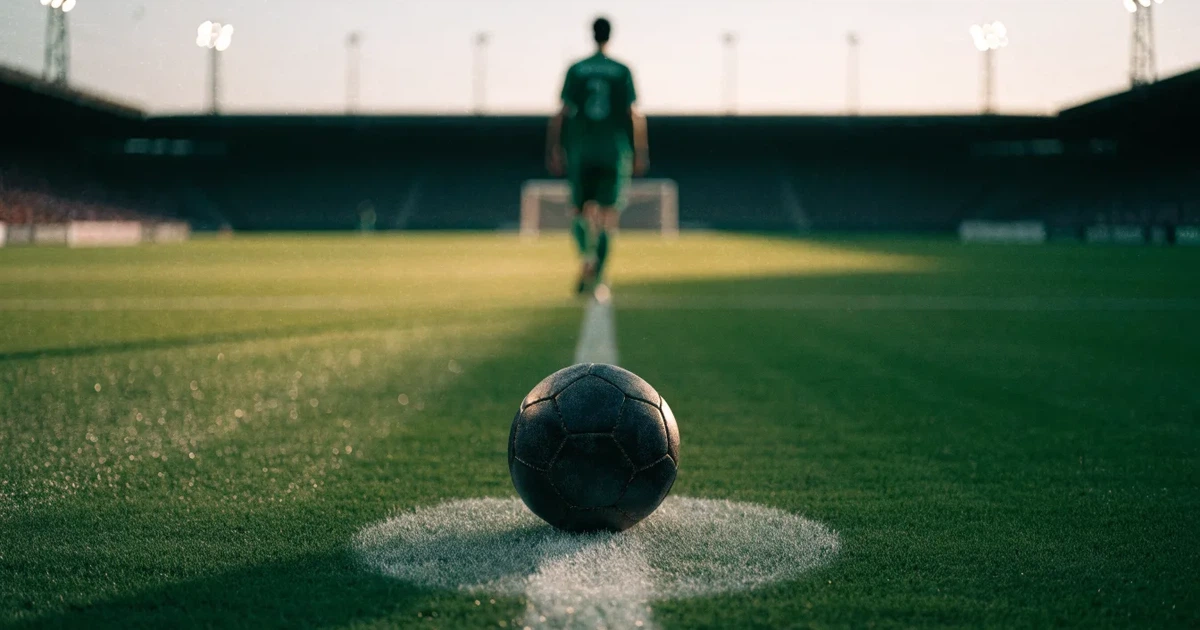 Un pallone da calcio sul dischetto del centrocampo di un prato, alla luce del mattino