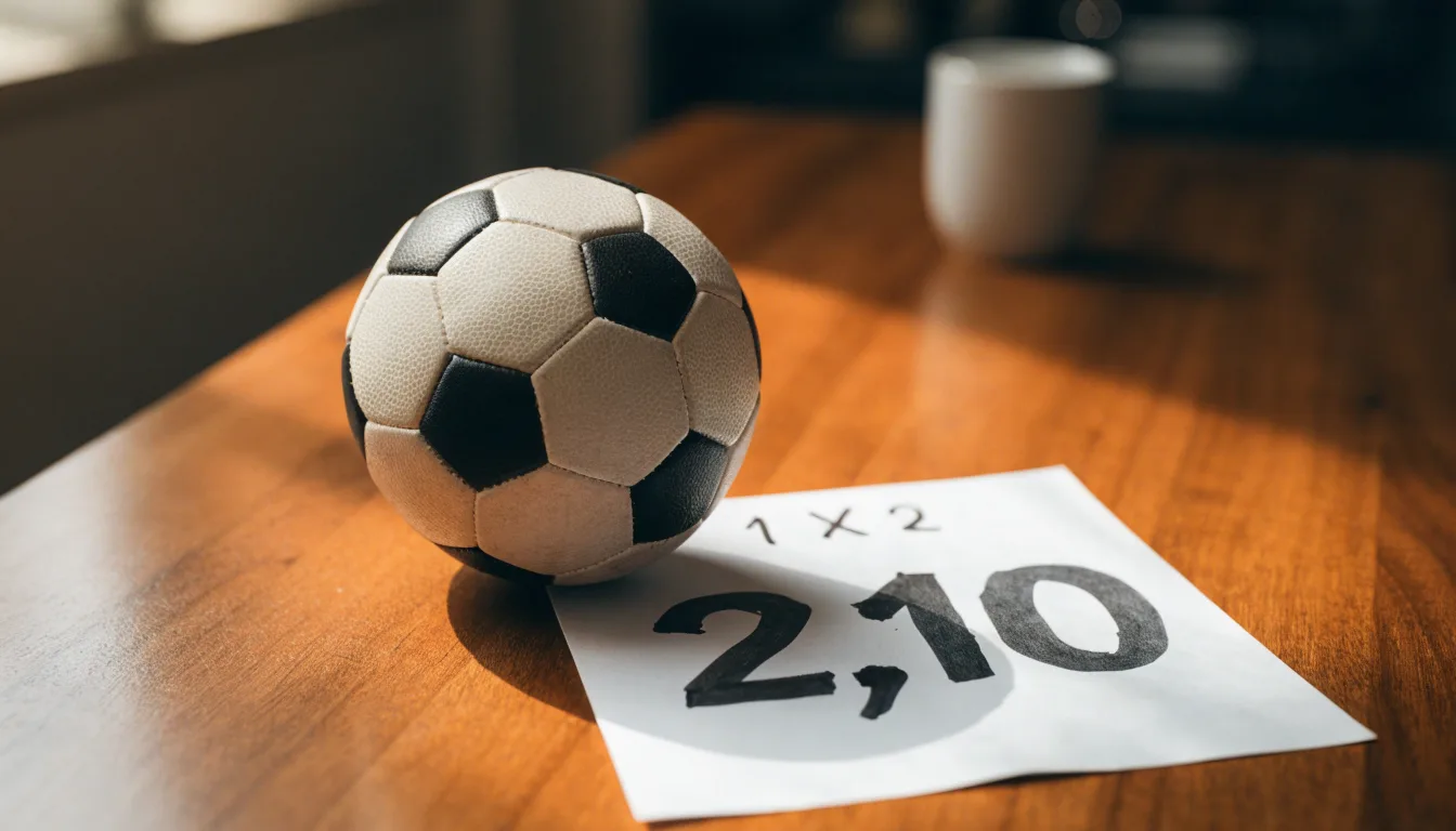 Un pallone da calcio appoggiato su una schedina bianca su un tavolo di legno, alla luce del giorno