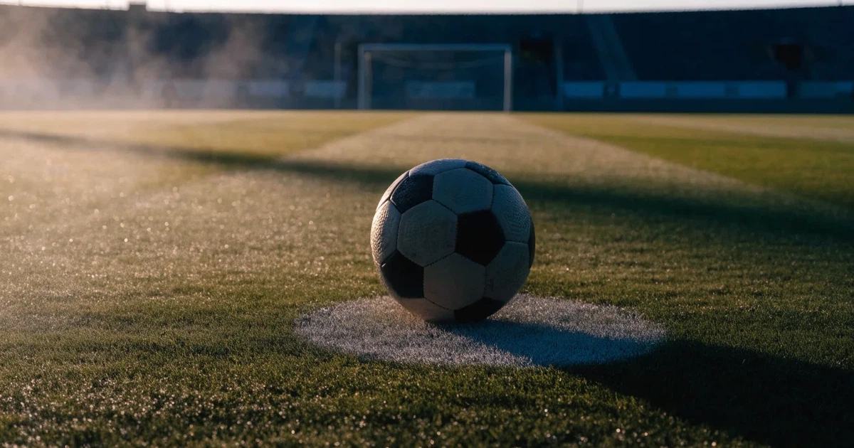 Un pallone da calcio sul dischetto del centrocampo di un prato, alla luce del mattino