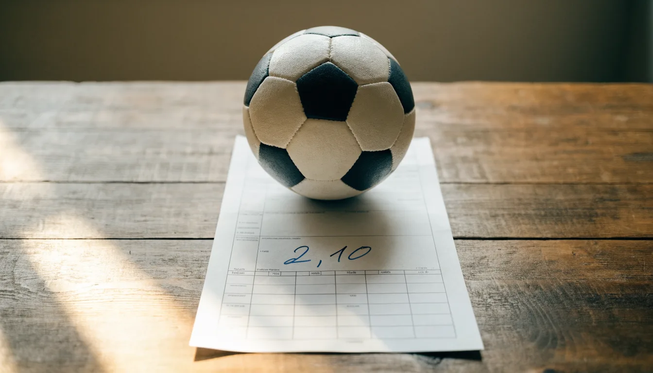 Un pallone da calcio appoggiato su una schedina bianca su un tavolo di legno, alla luce del giorno