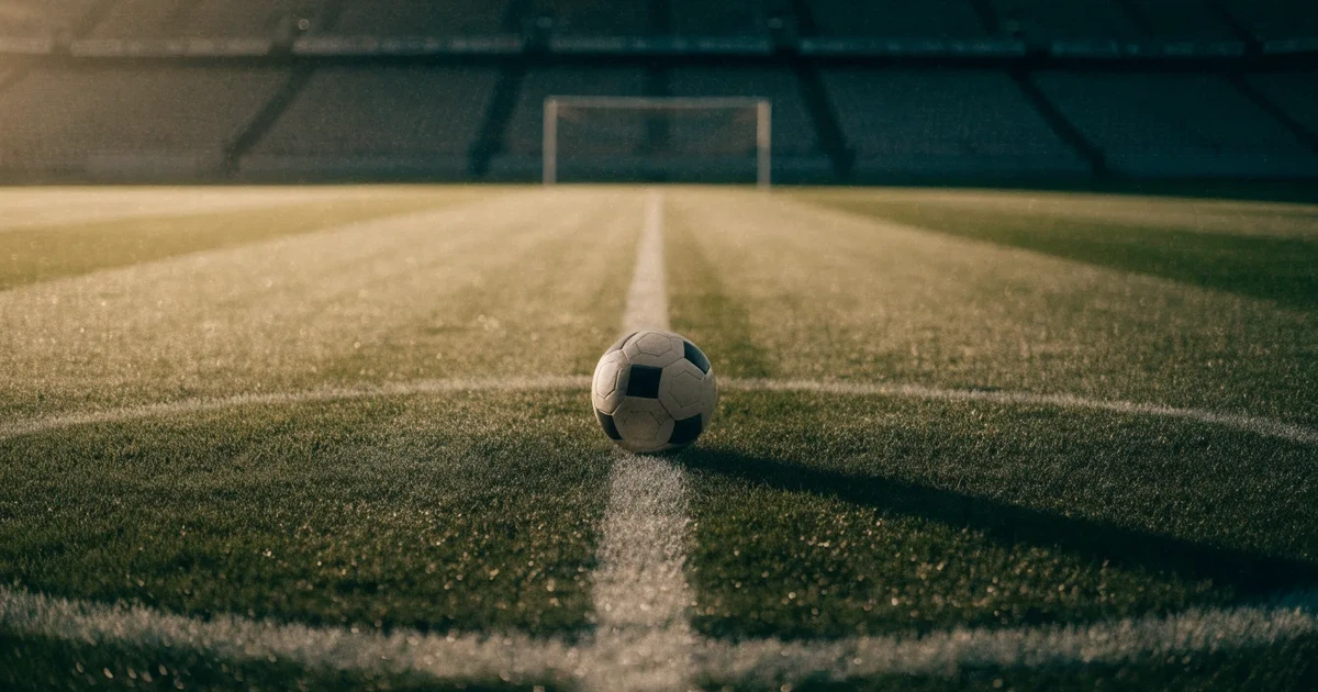 Un pallone da calcio sul dischetto del centrocampo di un prato, alla luce del mattino