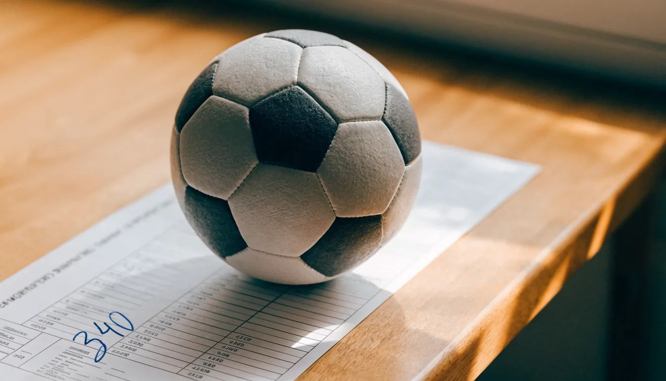 Un pallone da calcio appoggiato su una schedina bianca su un tavolo di legno, alla luce del giorno