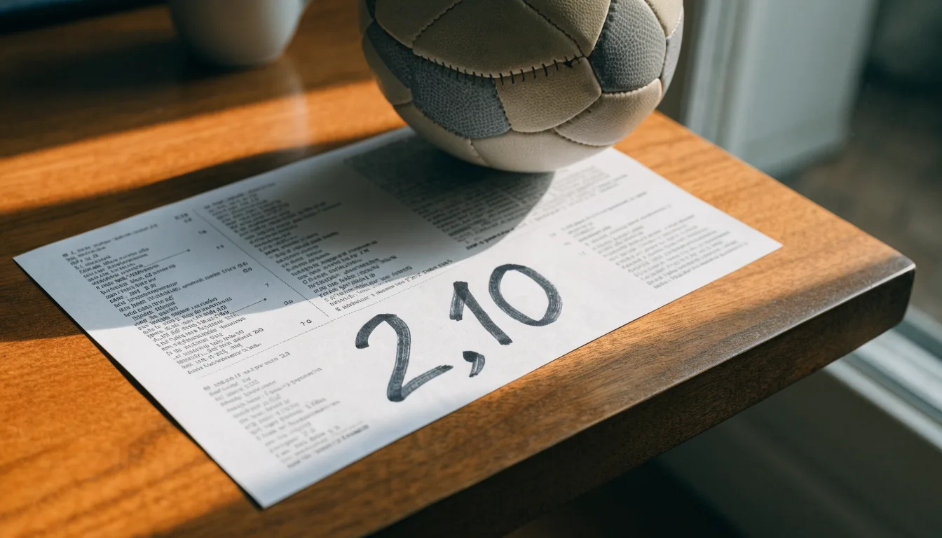 Un pallone da calcio appoggiato su una schedina bianca su un tavolo di legno, alla luce del giorno