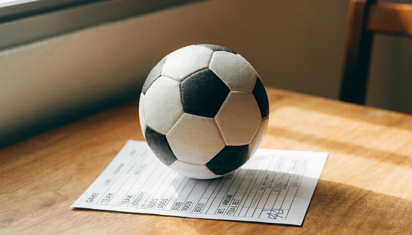 Un pallone da calcio appoggiato su una schedina bianca su un tavolo di legno, alla luce del giorno