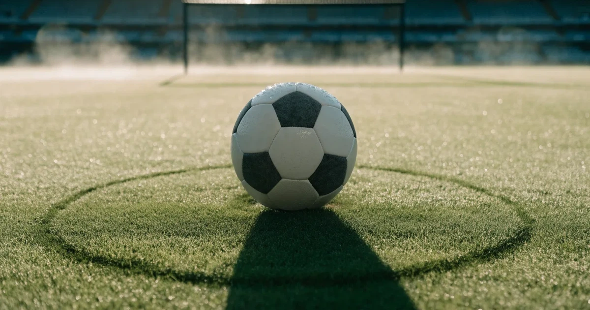 Un pallone da calcio sul dischetto del centrocampo di un prato, alla luce del mattino