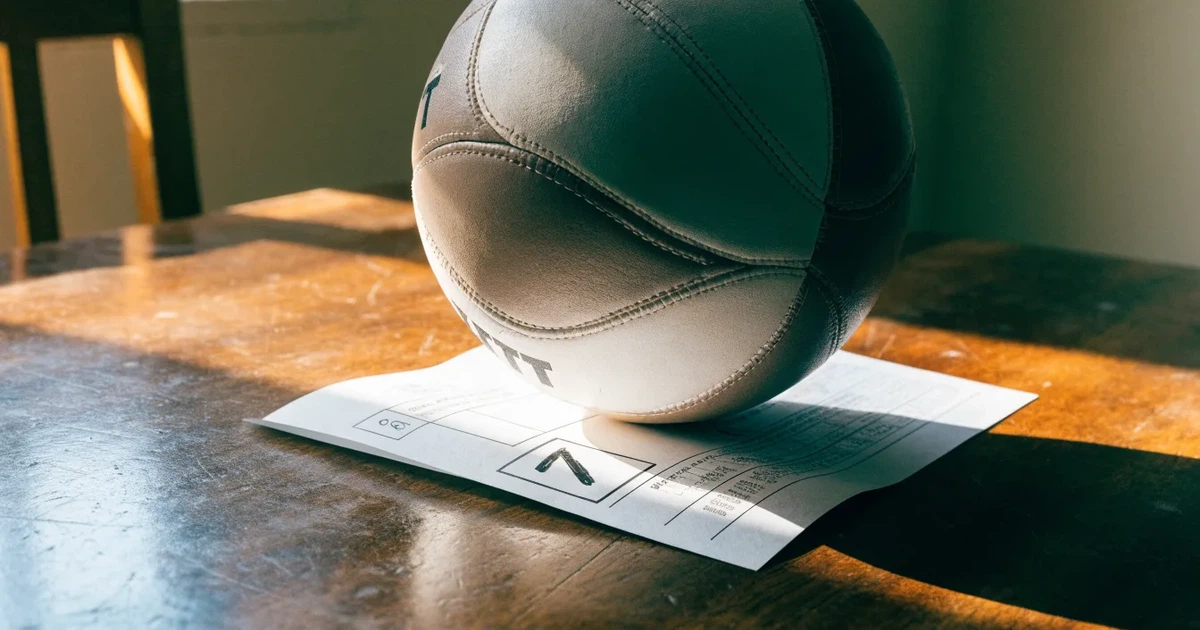 Un pallone da calcio appoggiato su una schedina bianca su un tavolo di legno, alla luce del giorno