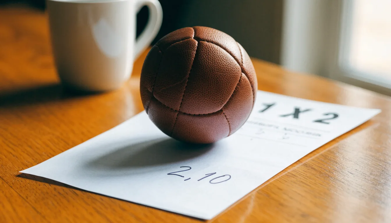 Un pallone da calcio appoggiato su una schedina bianca su un tavolo di legno, alla luce del giorno