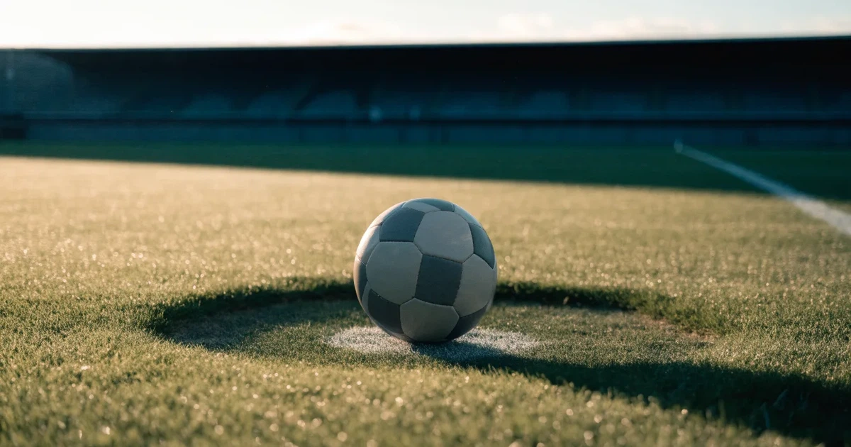Un pallone da calcio sul dischetto del centrocampo di un prato, alla luce del mattino