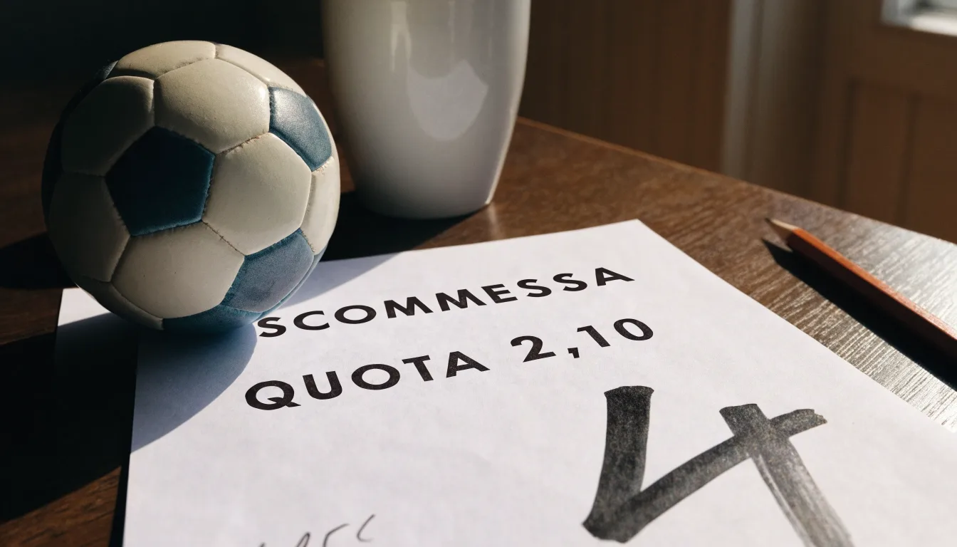 Un pallone da calcio appoggiato su una schedina bianca su un tavolo di legno, alla luce del giorno