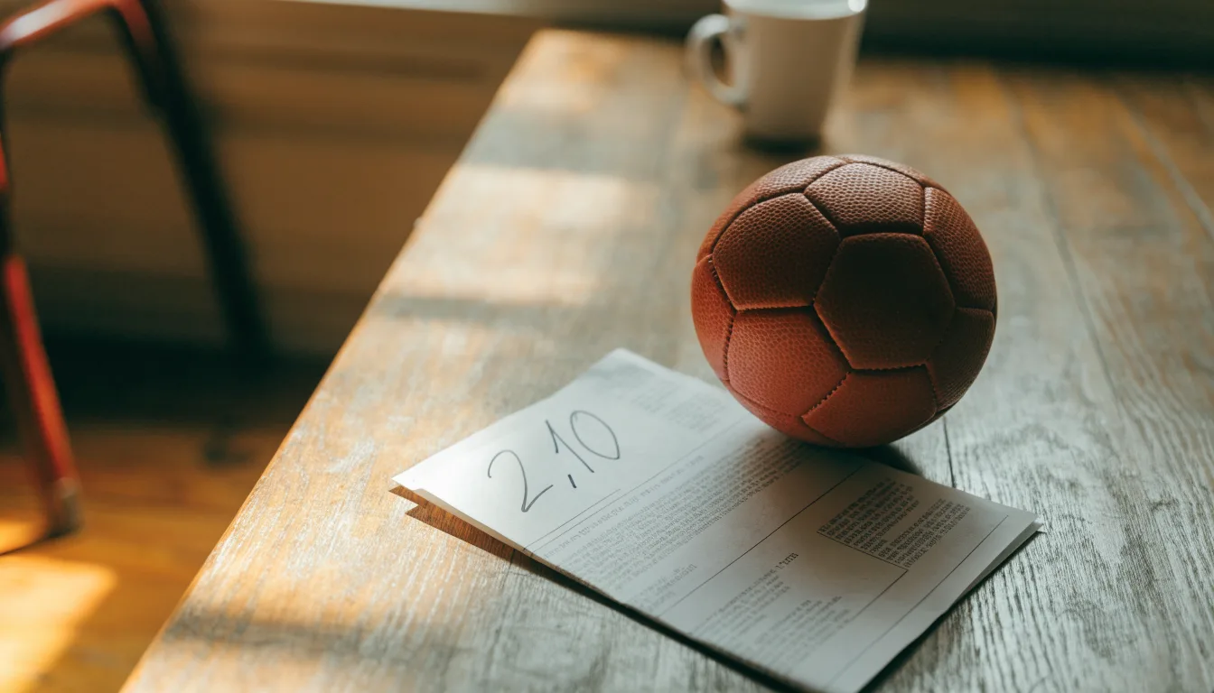 Un pallone da calcio appoggiato su una schedina bianca su un tavolo di legno, alla luce del giorno