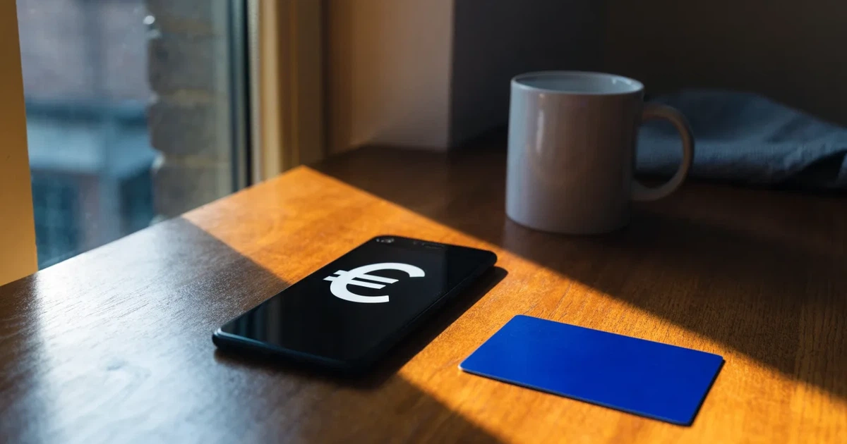 Uno smartphone e una carta di pagamento affiancati su un tavolo di legno, con alcune banconote da euro accanto