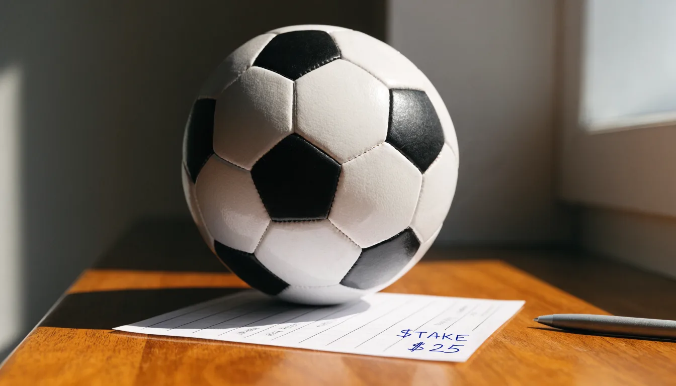 Un pallone da calcio appoggiato su una schedina bianca su un tavolo di legno, alla luce del giorno