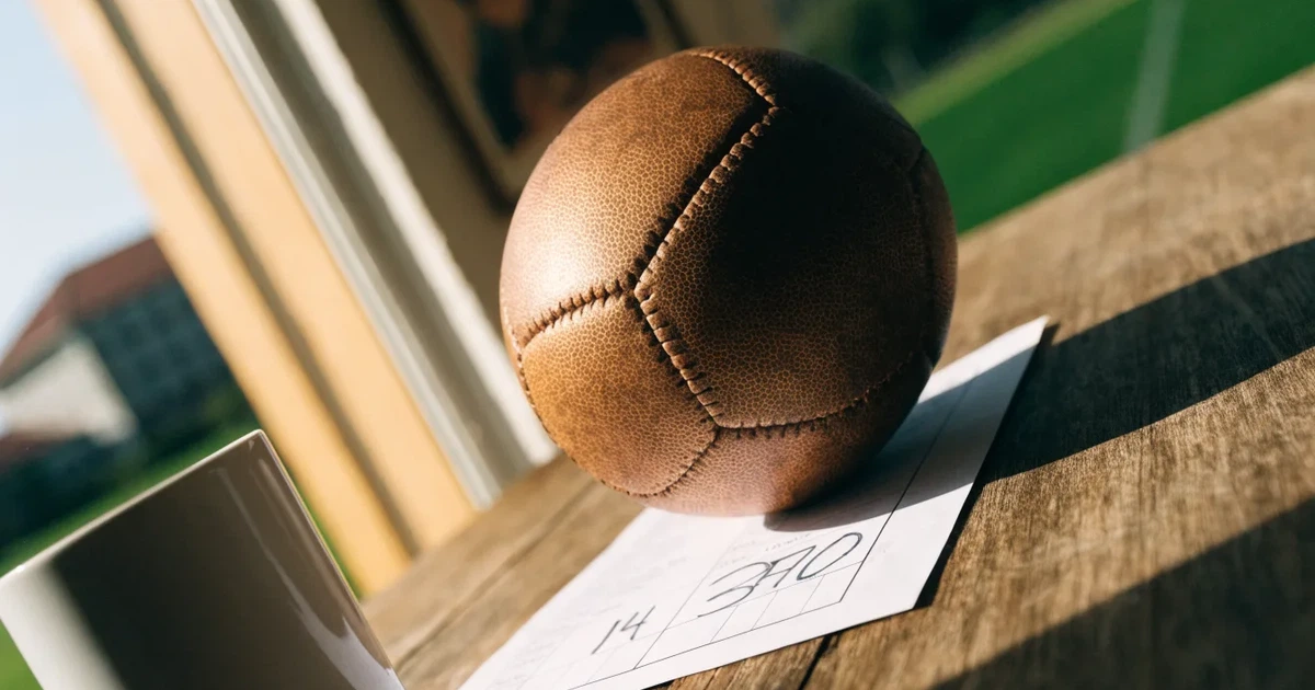 Un pallone da calcio appoggiato su una schedina bianca su un tavolo di legno, alla luce del giorno